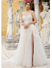 One Shoulder Beaded Ivory Lace Tulle Slit Charming Wedding Dress